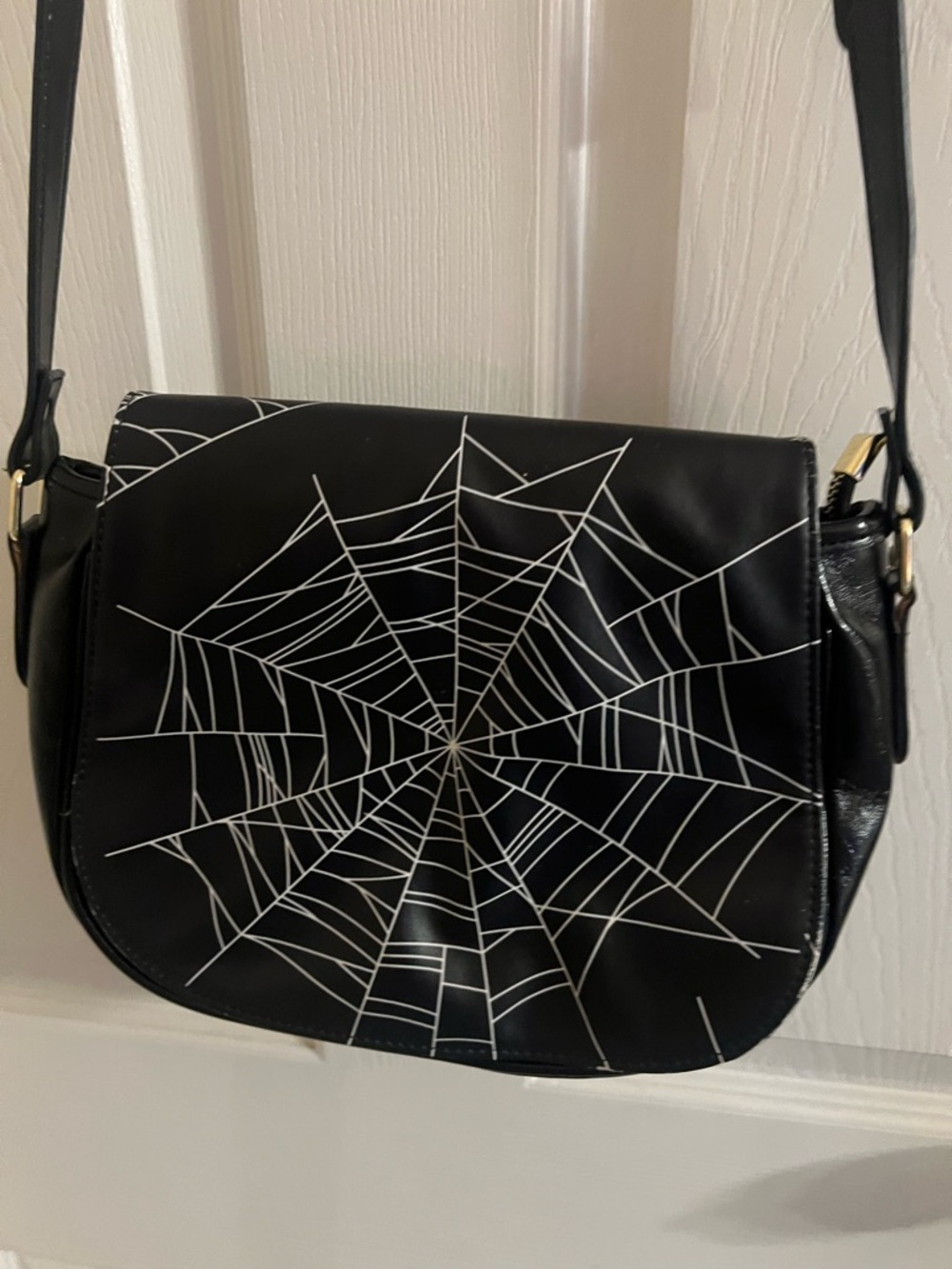 Black Spiderweb Crossbody Bag with White Print